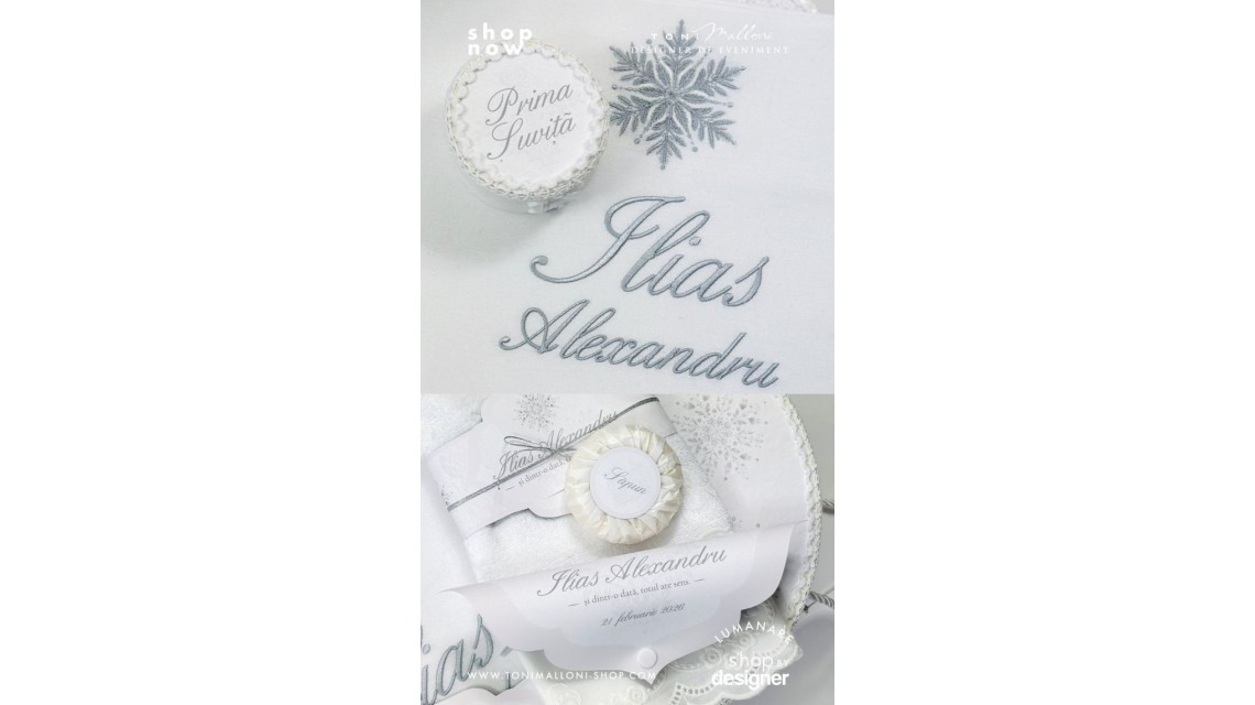 Trusou de botez alb cu gri si dantela bumbac brodata Fulg de Nea 8